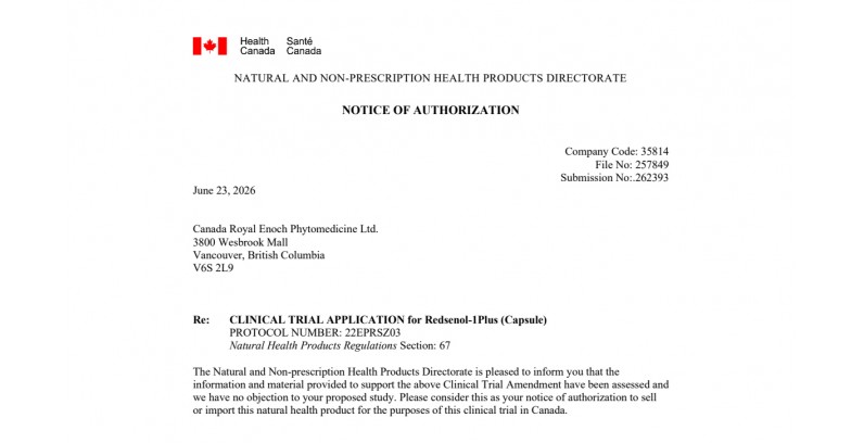 Health Canada Clears Updated Clinical Trial Protocol for Redsenol-1 Plus