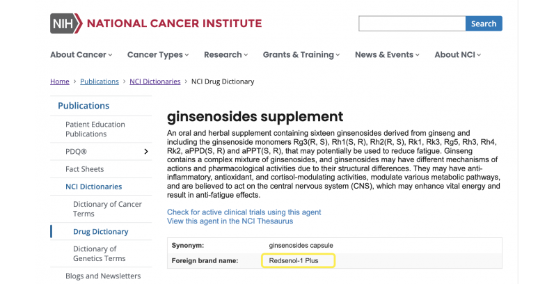 Redsenol-1 Plus Added to National Cancer Institute's Drug Dictionary